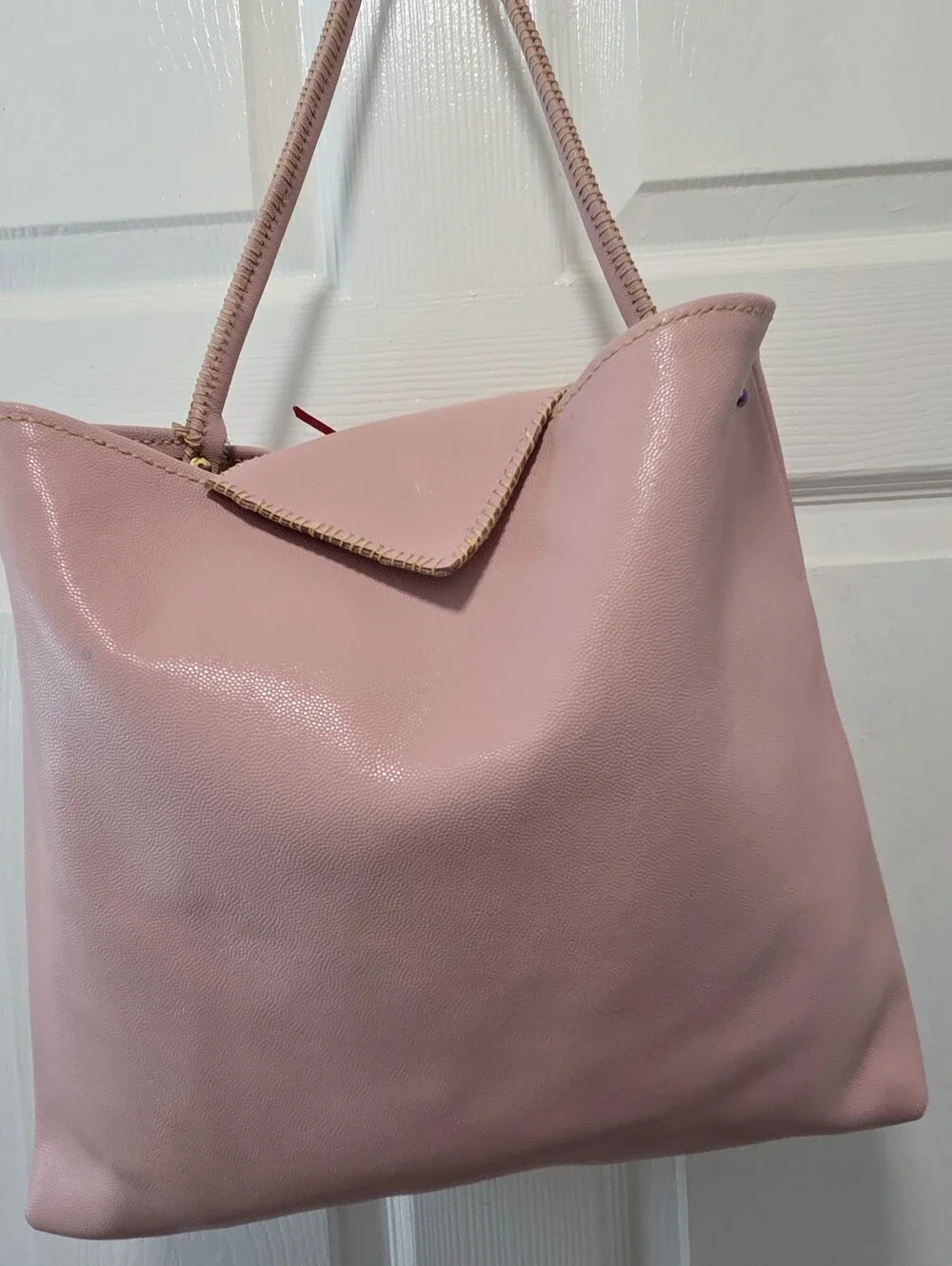 Pink Leather Slouchy Hobo Tote Bag Whipstitch Triangular Flap Boho Shoulder Bag